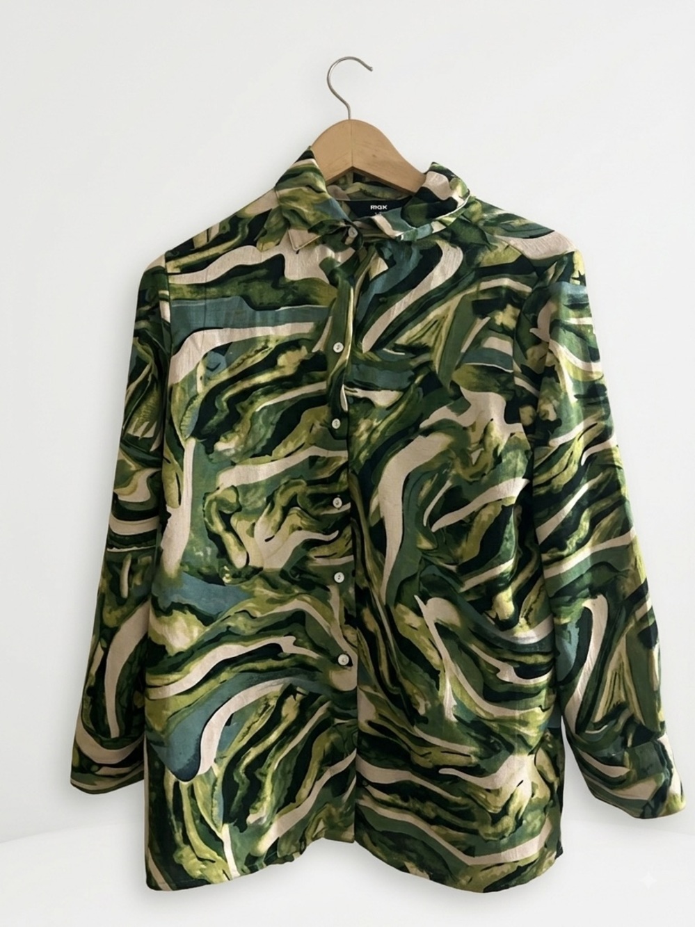 RIXO Olive and Cream Swirl Print Button-Down Shirt